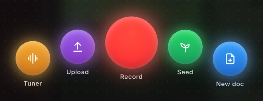 The [+] opened on iPhone: Tuner, Upload, Record, Seed, New doc