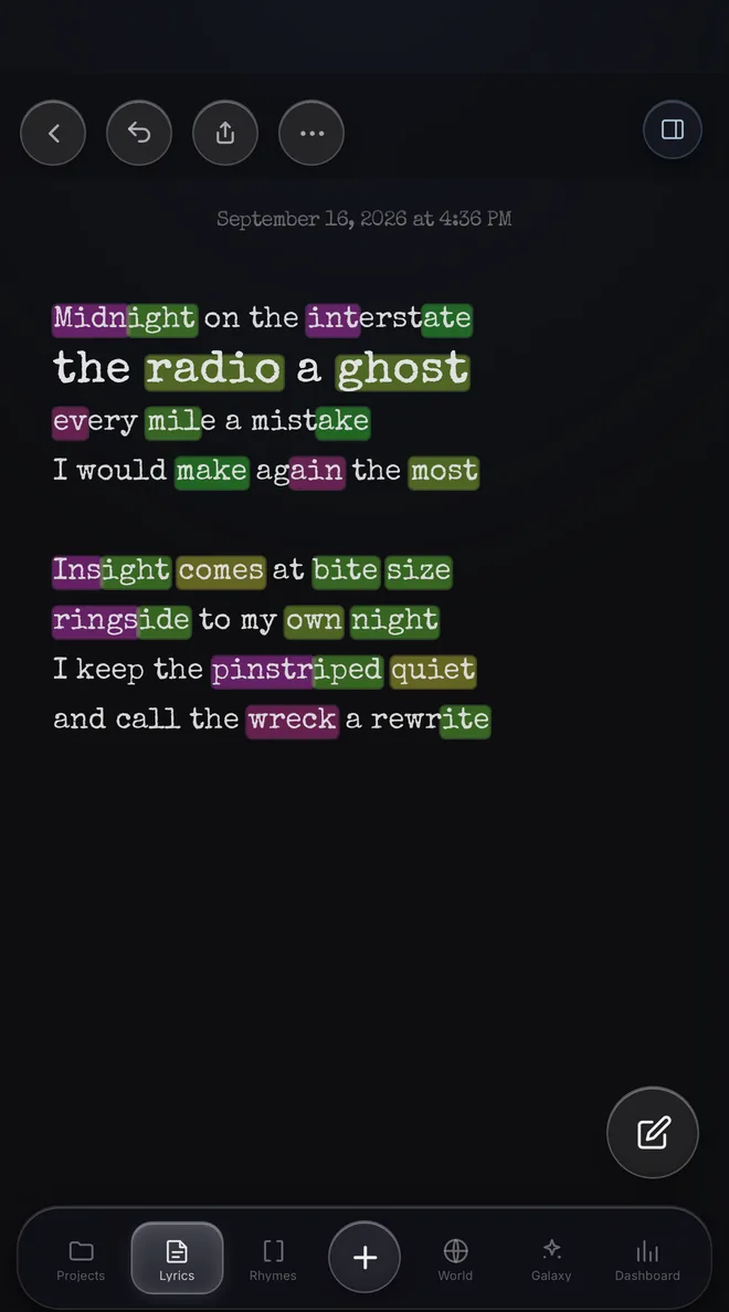A lyric sheet with the rhyme scheme highlighted