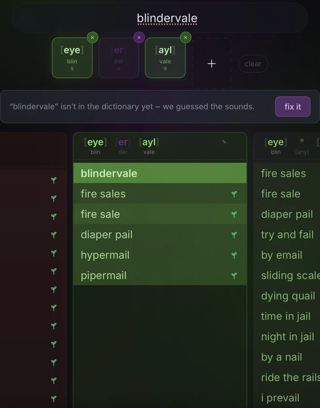 Rhymes for the made-up word blindervale, with its guessed sounds